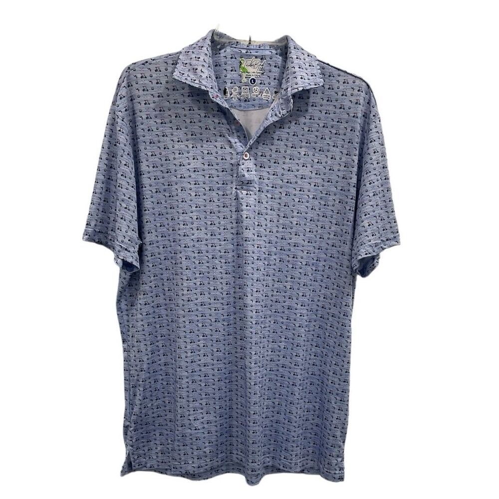 Tailorbyrd Men's Golf Polo Shirt L Blue Golf‎ Cart Print Moisture Wicking SPF